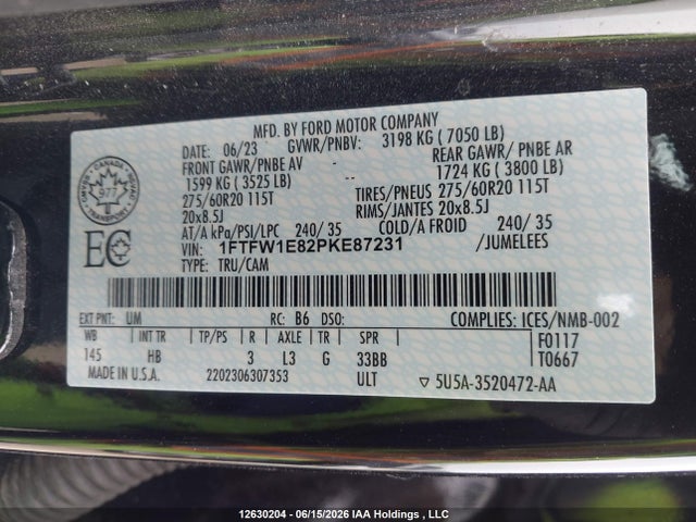 2023 Ford F-150 Lariat მანქანა იყიდება აუქციონზე, vin: 1FTFW1E82PKE87231, აუქციონის ნომერი: 12630204