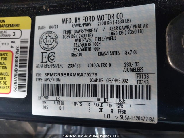 12630212 :رقم المزاد ، 3FMCR9B6XMRA75279 vin ، 2021 Ford Bronco Sport Big Bend مزاد بيع