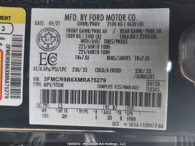 12630212 :رقم المزاد ، 3FMCR9B6XMRA75279 vin ، 2021 Ford Bronco Sport Big Bend مزاد بيع
