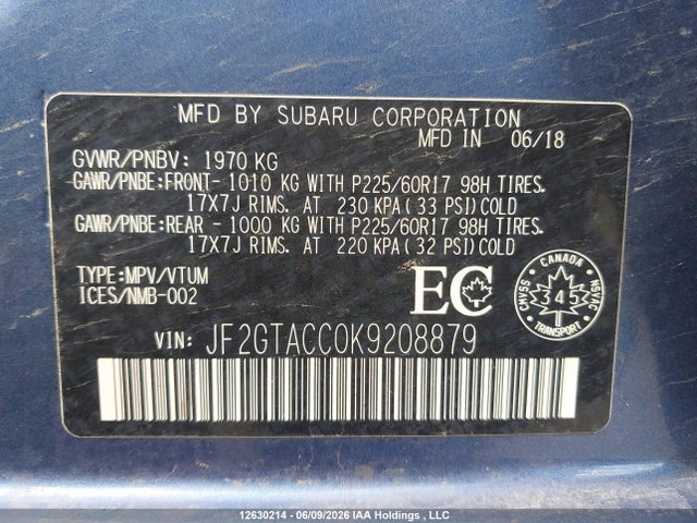 Aukcja sprzedaży 2019 Subaru Crosstrek Premium, vin: JF2GTACC0K9208879, numer aukcji: 12630214