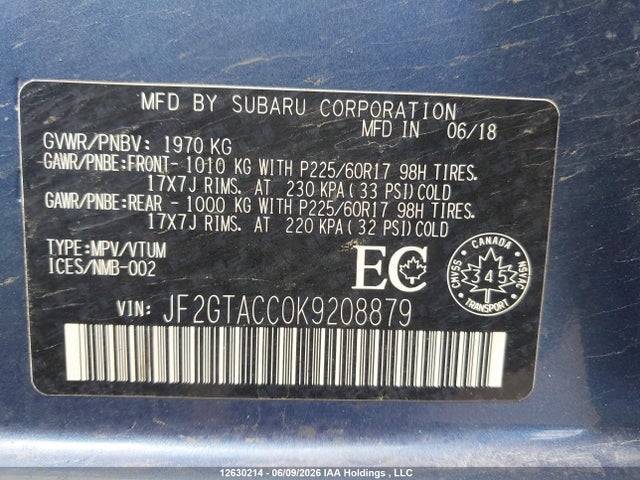 Aukcja sprzedaży 2019 Subaru Crosstrek Premium, vin: JF2GTACC0K9208879, numer aukcji: 12630214