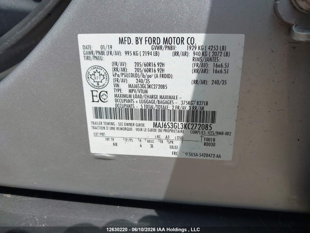 Aukcja sprzedaży 2019 Ford Ecosport Se, vin: MAJ6S3GL3KC272085, numer aukcji: 12630220