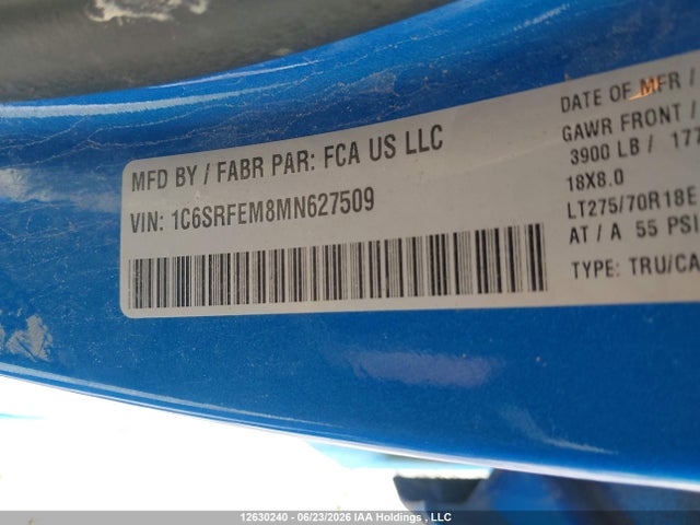 12630240 :رقم المزاد ، 1C6SRFEM8MN627509 vin ، 2021 Ram 1500 Rebel مزاد بيع