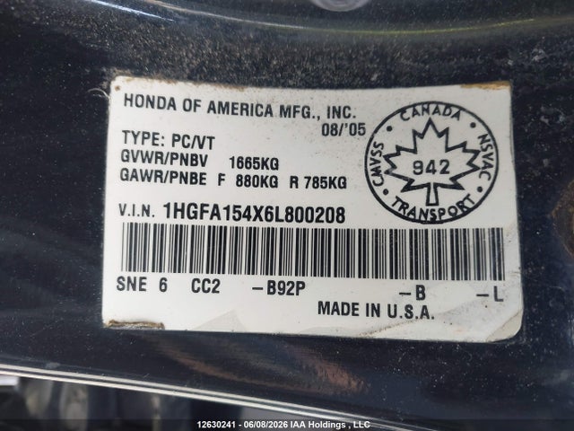 12630241 :رقم المزاد ، 1HGFA154X6L800208 vin ، 2006 Honda Civic Lx مزاد بيع