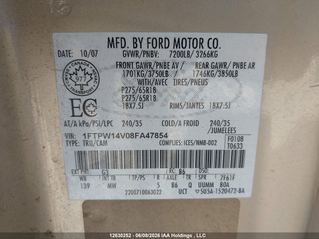 Продажа на аукционе авто 2008 Ford F150 Supercrew, vin: 1FTPW14V08FA47854, номер лота: 12630252