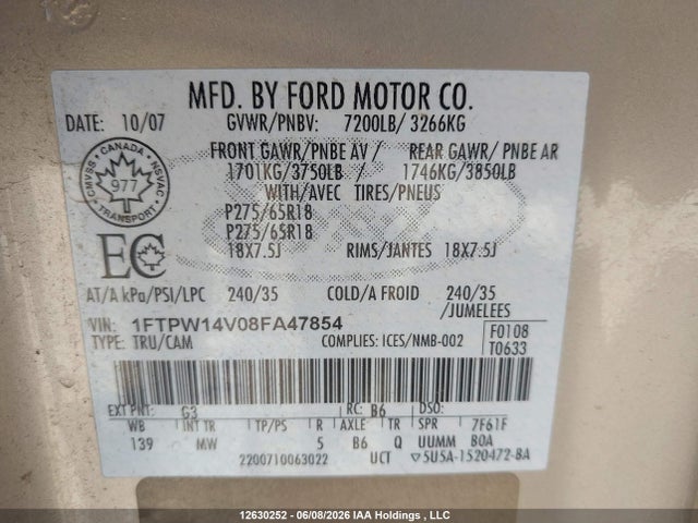 Продажа на аукционе авто 2008 Ford F150 Supercrew, vin: 1FTPW14V08FA47854, номер лота: 12630252