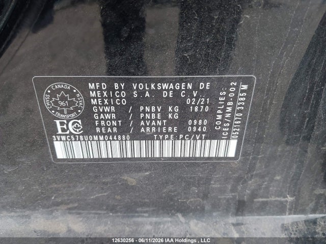 2021 Volkswagen Jetta Comfortline მანქანა იყიდება აუქციონზე, vin: 3VWC57BU0MM044880, აუქციონის ნომერი: 12630256