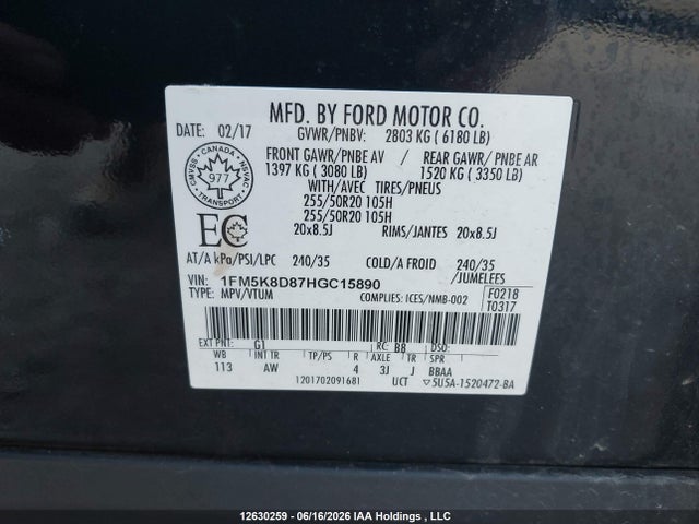 12630259 :رقم المزاد ، 1FM5K8D87HGC15890 vin ، 2017 Ford Explorer Xlt مزاد بيع