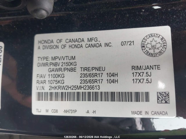 2021 Honda Cr-v Lx მანქანა იყიდება აუქციონზე, vin: 2HKRW2H25MH236613, აუქციონის ნომერი: 12630266