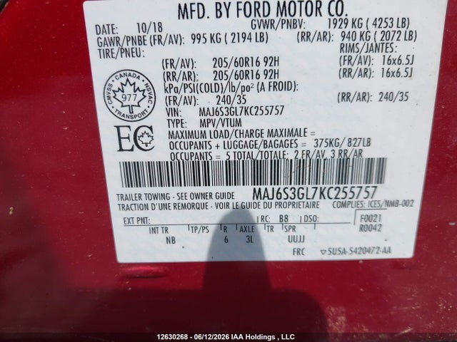 Продаж на аукціоні авто 2019 Ford Ecosport Se, vin: MAJ6S3GL7KC255757, номер лоту: 12630268