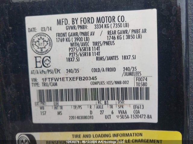 Продаж на аукціоні авто 2014 Ford F-150 Xlt, vin: 1FTFW1ETXEFB20345, номер лоту: 12630278