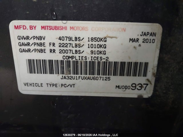 2010 Mitsubishi Lancer De მანქანა იყიდება აუქციონზე, vin: JA32U1FUXAU607125, აუქციონის ნომერი: 12630279