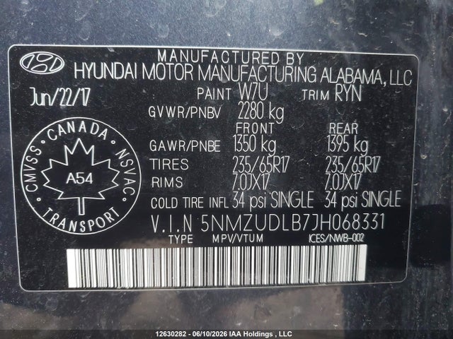 5NMZUDLB7JH068331 Hyundai SANTA FE SPORT