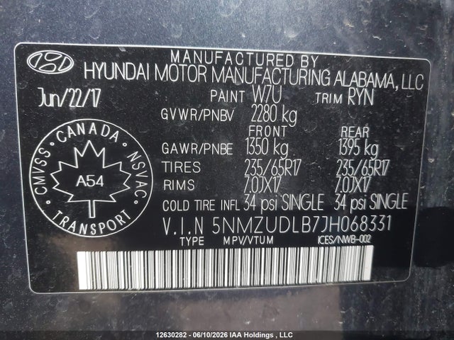 5NMZUDLB7JH068331 Hyundai SANTA FE SPORT