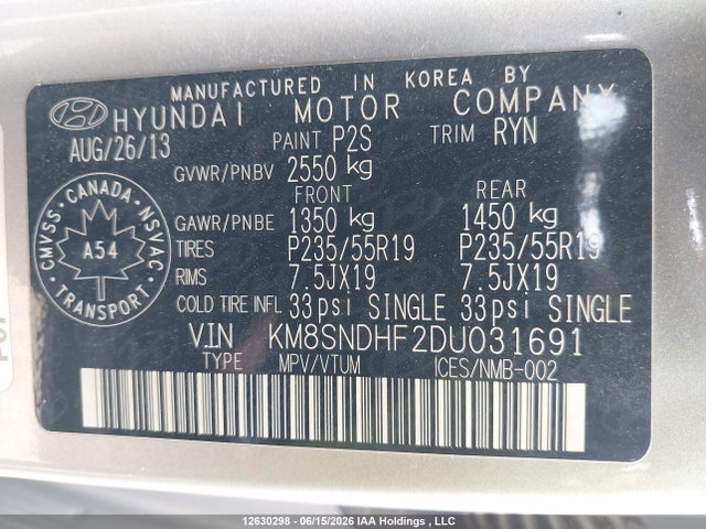 Aukcja sprzedaży 2013 Hyundai Santa Fe Xl Limited, vin: KM8SNDHF2DU031691, numer aukcji: 12630298