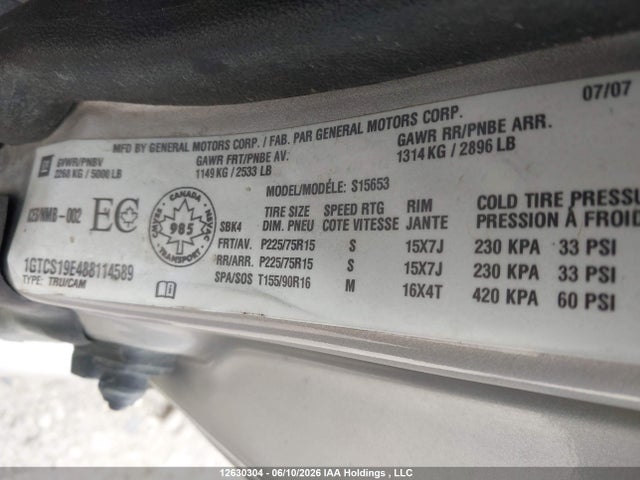 12630304 :رقم المزاد ، 1GTCS19E488114589 vin ، 2008 Gmc Canyon مزاد بيع
