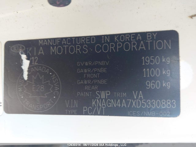 12630314 :رقم المزاد ، KNAGN4A7XD5330883 vin ، 2013 Kia Optima Ex/ex Luxury/ex+ مزاد بيع