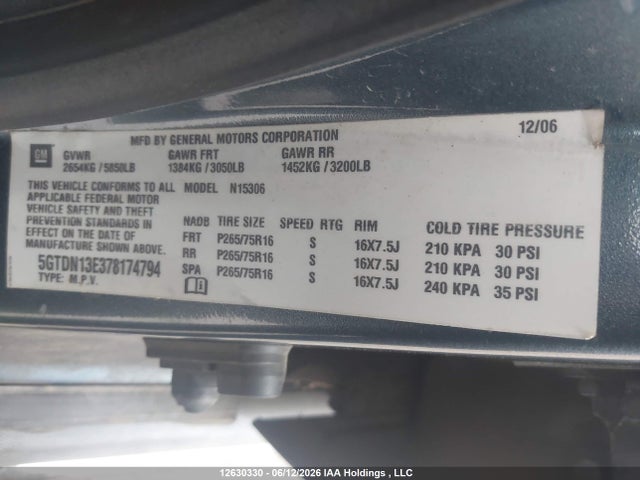 2007 Hummer H3 მანქანა იყიდება აუქციონზე, vin: 5GTDN13E378174794, აუქციონის ნომერი: 12630330