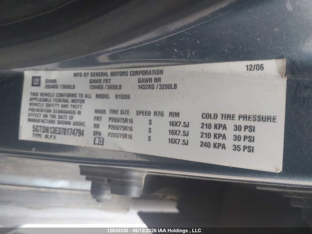 2007 Hummer H3 მანქანა იყიდება აუქციონზე, vin: 5GTDN13E378174794, აუქციონის ნომერი: 12630330