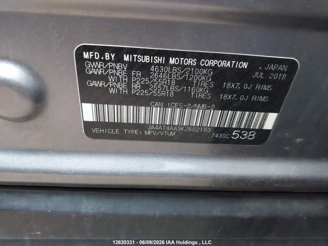 Aukcja sprzedaży 2019 Mitsubishi Eclipse, vin: JA4AT4AA3KZ602183, numer aukcji: 12630331