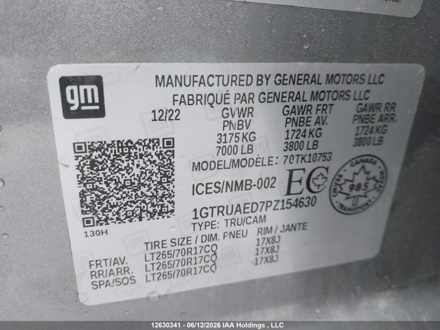 12630341 :رقم المزاد ، 1GTRUAED7PZ154630 vin ، 2023 Gmc Sierra 1500 Pro مزاد بيع