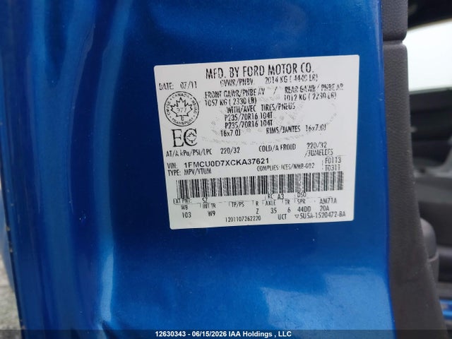 12630343 :رقم المزاد ، 1FMCU0D7XCKA37621 vin ، 2012 Ford Escape Xlt مزاد بيع