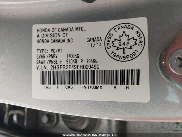 2015 Honda Civic მანქანა იყიდება აუქციონზე, vin: 2HGFB2F49FH009490, აუქციონის ნომერი: 12630356