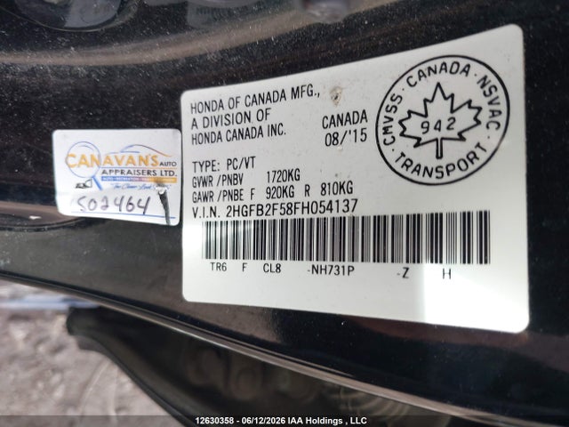 Auction sale of the 2015 Honda Civic Lx, vin: 2HGFB2F58FH054137, lot number: 12630358