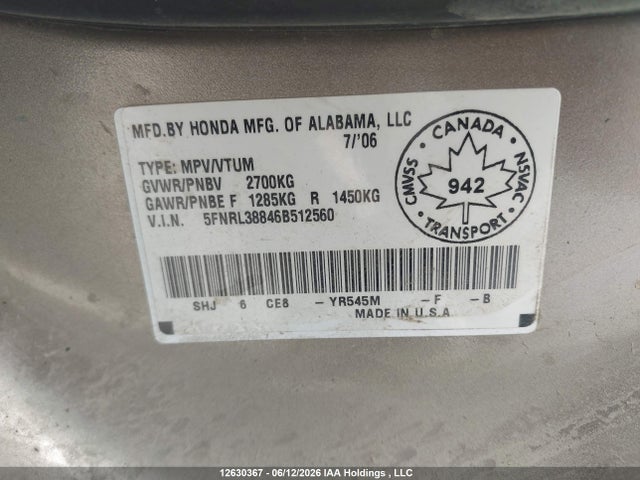 12630367 :رقم المزاد ، 5FNRL38846B512560 vin ، 2006 Honda Odyssey مزاد بيع