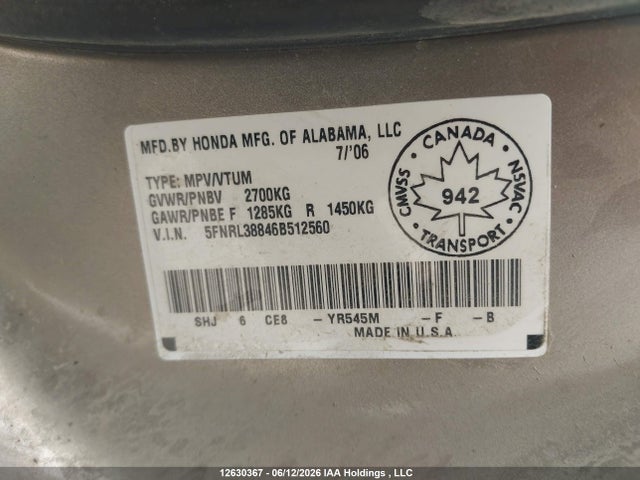 12630367 :رقم المزاد ، 5FNRL38846B512560 vin ، 2006 Honda Odyssey مزاد بيع