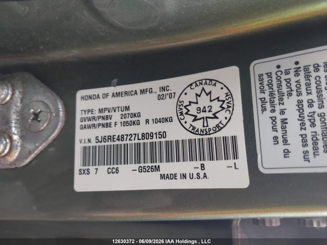 2007 Honda Cr-v Ex-l მანქანა იყიდება აუქციონზე, vin: 5J6RE48727L809150, აუქციონის ნომერი: 12630372