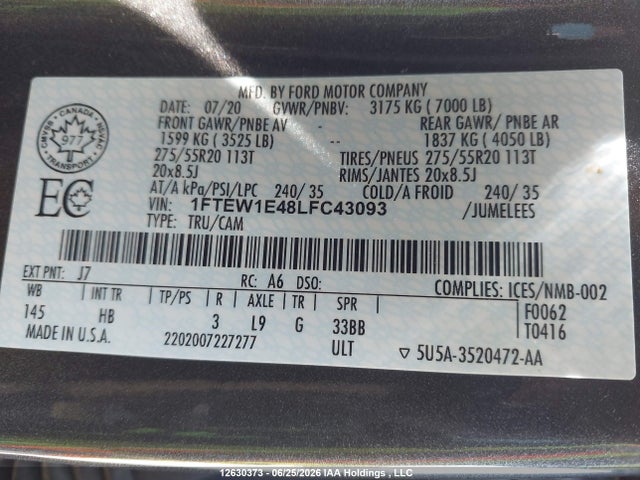 Продажа на аукционе авто 2020 Ford F150 Supercrew, vin: 1FTEW1E48LFC43093, номер лота: 12630373