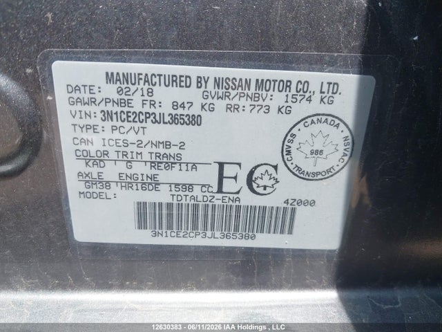 Продажа на аукционе авто 2018 Nissan Versa Note 1.6 S/1.6 Sr/1.6 Sv/sv, vin: 3N1CE2CP3JL365380, номер лота: 12630383