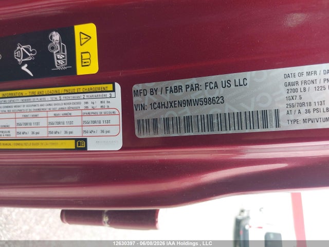 2021 Jeep Wrangler Unlimited Sahara მანქანა იყიდება აუქციონზე, vin: 1C4HJXEN9MW598623, აუქციონის ნომერი: 12630397