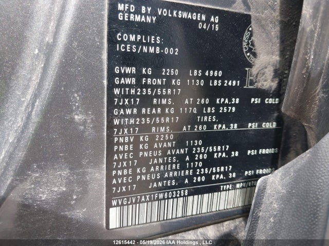 Продаж на аукціоні авто 2015 Volkswagen Tiguan Comfortline/highline/special Edition/trendline, vin: WVGJV7AX1FW603258, номер лоту: 12615442