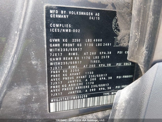 Продаж на аукціоні авто 2015 Volkswagen Tiguan Comfortline/highline/special Edition/trendline, vin: WVGJV7AX1FW603258, номер лоту: 12615442