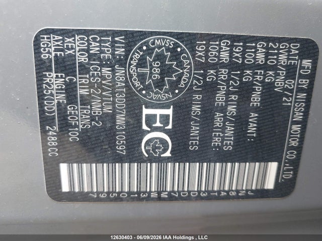 Aukcja sprzedaży 2021 Nissan Rogue, vin: JN8AT3DD7MW310597, numer aukcji: 12630403