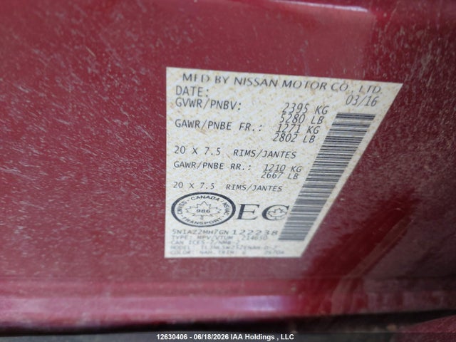 5N1AZ2MH7GN122238 Nissan Murano Platinum/sl/sv