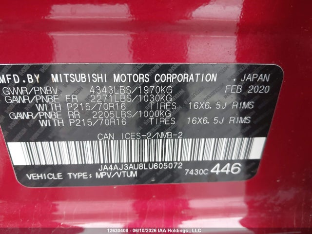 12630408 :رقم المزاد ، JA4AJ3AU8LU605072 vin ، 2020 Mitsubishi Rvr Es/se مزاد بيع