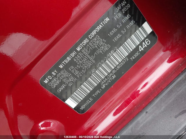 12630408 :رقم المزاد ، JA4AJ3AU8LU605072 vin ، 2020 Mitsubishi Rvr Es/se مزاد بيع