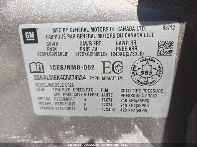 2012 Gmc Terrain მანქანა იყიდება აუქციონზე, vin: 2GKALMEK4C6374334, აუქციონის ნომერი: 12630411
