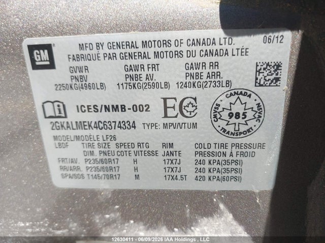 2012 Gmc Terrain მანქანა იყიდება აუქციონზე, vin: 2GKALMEK4C6374334, აუქციონის ნომერი: 12630411