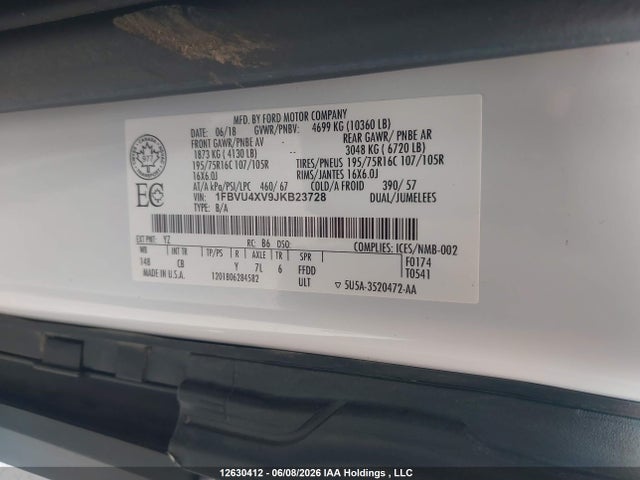 2018 Ford Transit T-350 Hd მანქანა იყიდება აუქციონზე, vin: 1FBVU4XV9JKB23728, აუქციონის ნომერი: 12630412