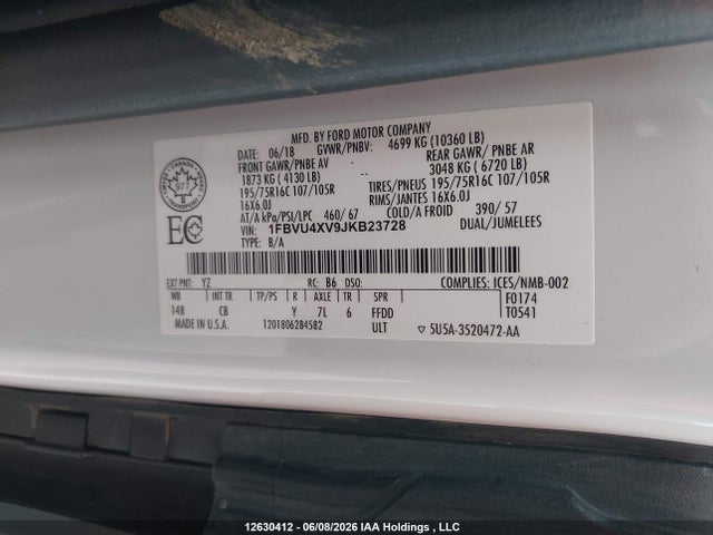2018 Ford Transit T-350 Hd მანქანა იყიდება აუქციონზე, vin: 1FBVU4XV9JKB23728, აუქციონის ნომერი: 12630412