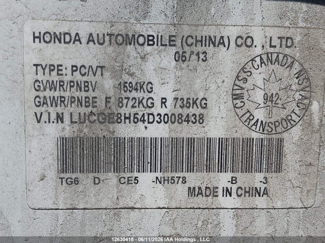 Продаж на аукціоні авто 2013 Honda Fit, vin: LUCGE8H54D3008438, номер лоту: 12630418