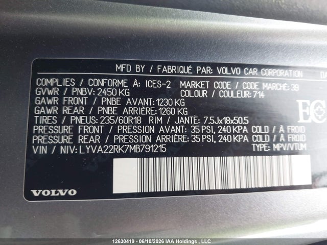 LYVA22RK7MB791215 Volvo Xc60 T6 Momentum