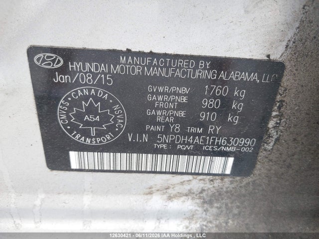 5NPDH4AE1FH630990 Hyundai ELANTRA GL