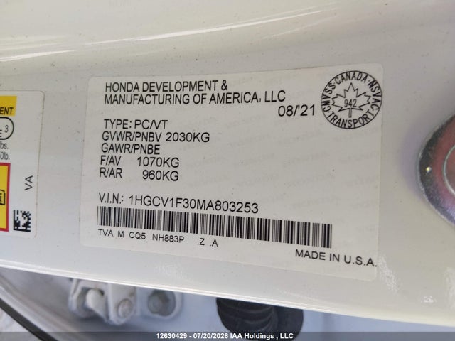 Honda Accord 2021 1HGCV1F30MA803253 Image 9