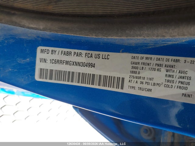 2022 Ram 1500 Big Horn/lone Star მანქანა იყიდება აუქციონზე, vin: 1C6RRFMGXNN304994, აუქციონის ნომერი: 12630438