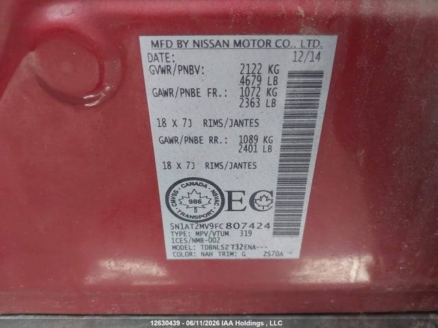 Продаж на аукціоні авто 2015 Nissan Rogue S/sl/sv, vin: 5N1AT2MV9FC807424, номер лоту: 12630439